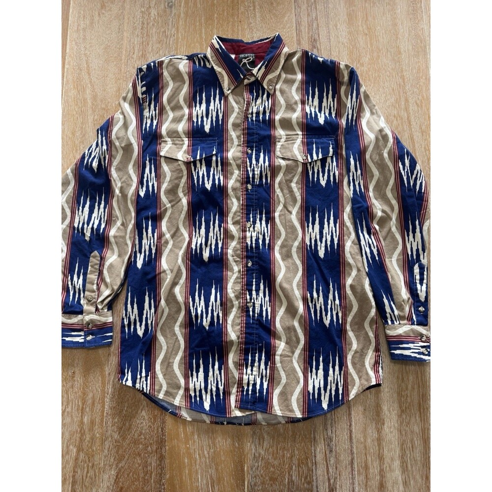 Vtg 90 Roper Western Shirt Men Large USA Made Geometric Stripe Ikat Aztec Cotton